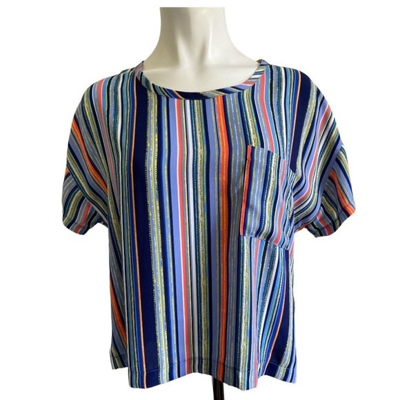 Lush Women’s Multicolored Striped Chiffon Chest Pocket Top Blouse Size Small - Picture 1 of 11